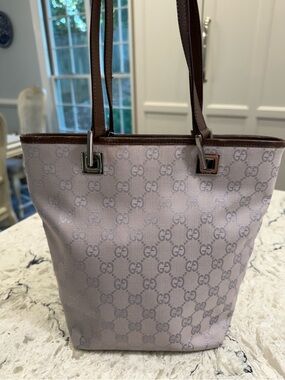 Gucci Lilac/Purple GG Jacquard Small Bucket Tote Vintage with Brown Leather Trim